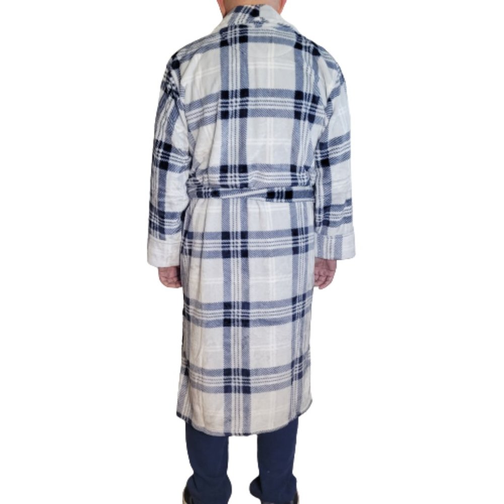 'New' daniel buchler Plush Mens Robe Patterned Striped Wht/Blue Pockets Size M/L - Picture 3 of 3